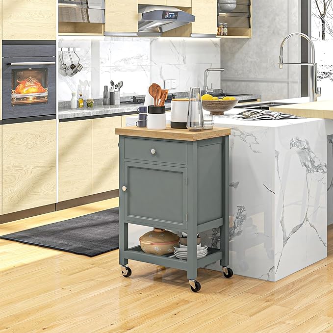 HOMCOM Utility Kitchen Cart, Rolling Kitchen Island with Smooth Rubberwood Top, Narrow Butcher Block Surface on Wheels with Storage Drawer & Cabinet, Gray - LeafyLoom