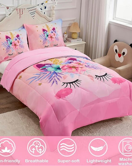 VIVILINEN Twin Size Bedding Set for Girls 3 Piece Pink Unicorn Kids Comforter Set Cartoon Unicorn Flowers Quilt Set Bed in A Bag Lightweight Duvet Bed Set for Kids Teen Girls Women with 2 Pillowcases - LeafyLoom