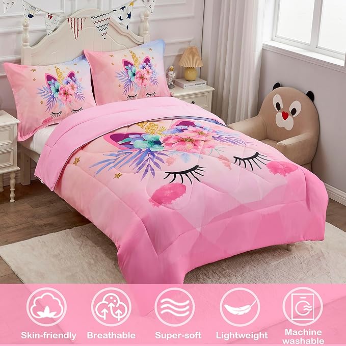 VIVILINEN Twin Size Bedding Set for Girls 3 Piece Pink Unicorn Kids Comforter Set Cartoon Unicorn Flowers Quilt Set Bed in A Bag Lightweight Duvet Bed Set for Kids Teen Girls Women with 2 Pillowcases - LeafyLoom