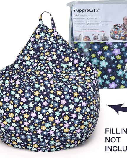 YuppieLife Kids Storage Bean Bag Cover（No Filling） Toy Organizer|Carrying Handle Sofa|Available for Kids and Teenager|Cuddle Chair|Machine Washable and Durable（38“,Blue Flowers） - LeafyLoom