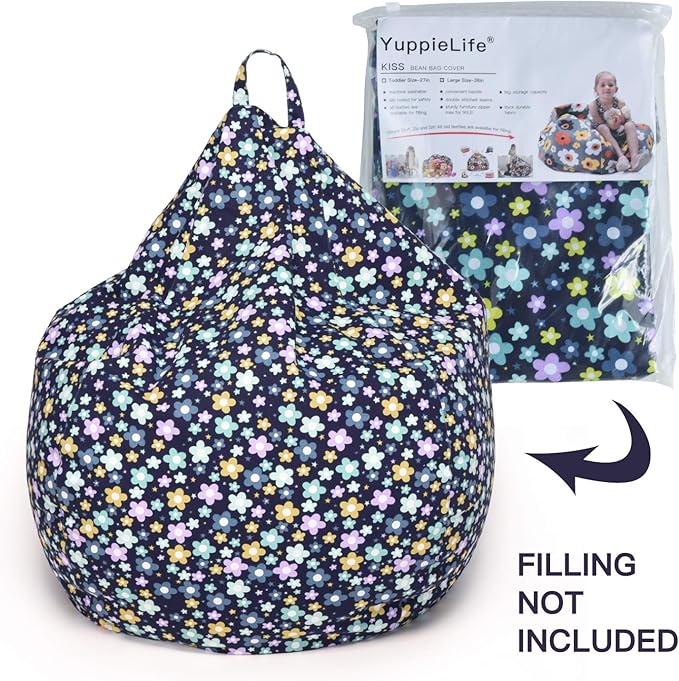 YuppieLife Kids Storage Bean Bag Cover（No Filling）Toy Organizer|Carrying Handle Sofa|Available for Kids and Teenager|Cuddle Chair|Machine Washable and Durable（27“,Blue Flowers） - LeafyLoom