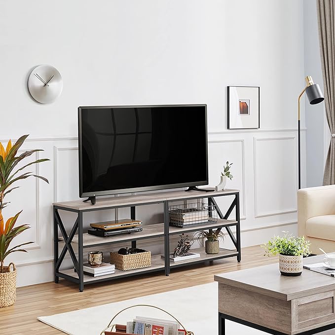 Yaheetech TV Stand for 70 Inch TVs, Industrial Media Entertainment Center with 3-Tier Storage Shelves, 63" TV Console with Metal Frame for Living Room, Gray - LeafyLoom