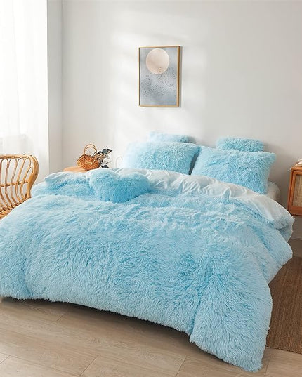Fluffy Blue Comforter Cover Set Queen - Ultra Soft Plush Blue Bedding Sets 3 Pieces (1 Faux Fur Duvet Cover + 2 Faux Fur Pillow case) Blue Bed Set Queen (Blue, Queen) - LeafyLoom