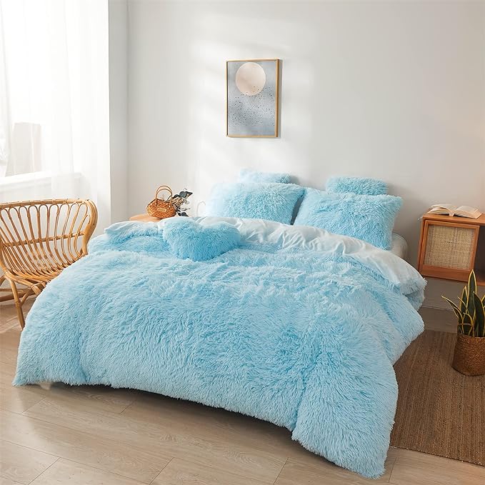 Fluffy Blue Comforter Cover Set Queen - Ultra Soft Plush Blue Bedding Sets 3 Pieces (1 Faux Fur Duvet Cover + 2 Faux Fur Pillow case) Blue Bed Set Queen (Blue, Queen) - LeafyLoom