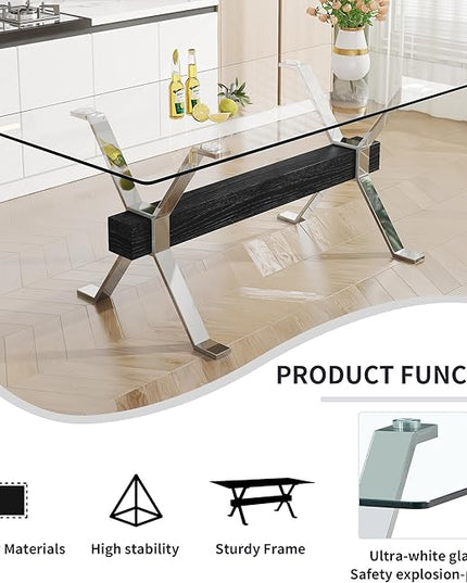 Rectangular Table with Tempered Glass Tabletop,Modern Dinner Desk W/Metal Tubular Legs, Home,Kitchen,Dining Room,Office,Silver, 79" Black Crossbars - LeafyLoom