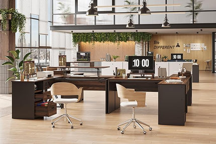 Bestier Lift Top L Shaped Desk with File Drawer, 55'' x 55'' Office Desk with Reversible Storage Drawers, L Shaped Standing Desk with Computer Monitor Stand (Walnut, 55'' x 55'') - LeafyLoom