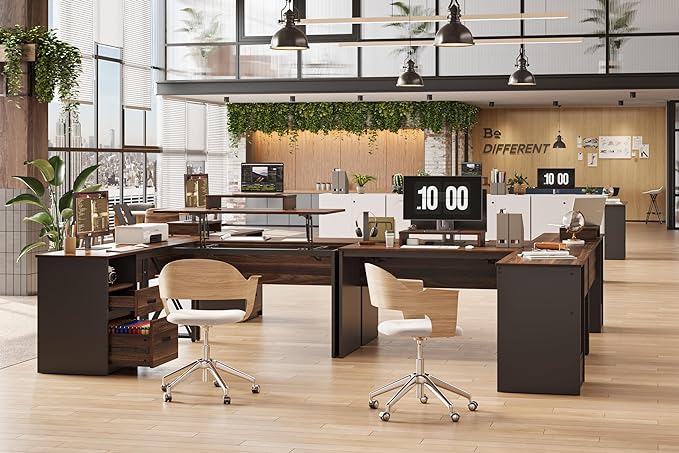 Bestier Lift Top L Shaped Desk with File Drawer, 55'' x 55'' Office Desk with Reversible Storage Drawers, L Shaped Standing Desk with Computer Monitor Stand (Walnut, 55'' x 55'') - LeafyLoom