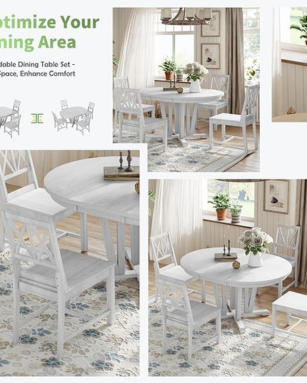 Rustic Round Trestle, Extending w/4 Cross Back Chairs, Easy Assembly, Room, Kitchen, Small Place, 5 Piece Dining Table Set, Gray 11 - LeafyLoom