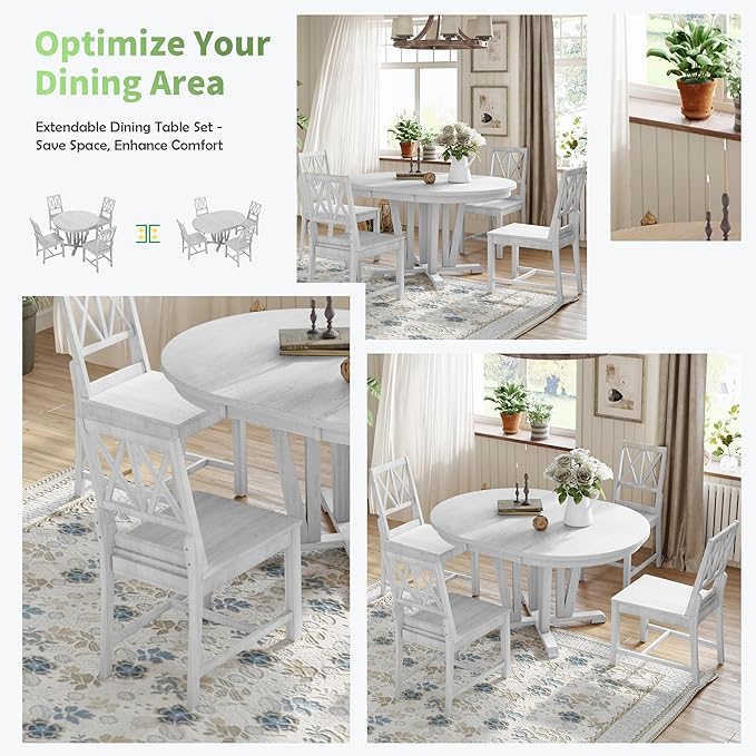 Rustic Round Trestle, Extending w/4 Cross Back Chairs, Easy Assembly, Room, Kitchen, Small Place, 5 Piece Dining Table Set, Gray 11 - LeafyLoom