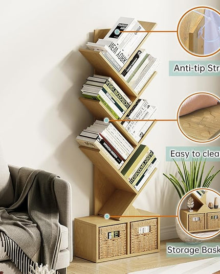 Vagusicc 6 Tier Tree Bookshelf - Retro Shelf Floor Standing Bookcase with Baskets, Tall Wood Book Storage Rack for Books/CDs, Tree Utility Book Organizer Shelves for Living Room, Home Office, Bedroom - LeafyLoom