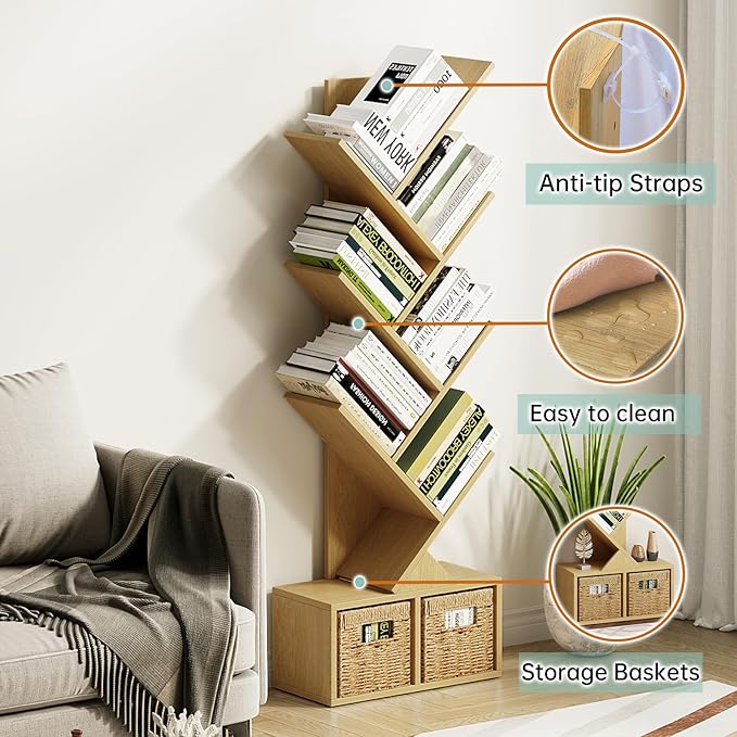 Vagusicc 6 Tier Tree Bookshelf - Retro Shelf Floor Standing Bookcase with Baskets, Tall Wood Book Storage Rack for Books/CDs, Tree Utility Book Organizer Shelves for Living Room, Home Office, Bedroom - LeafyLoom