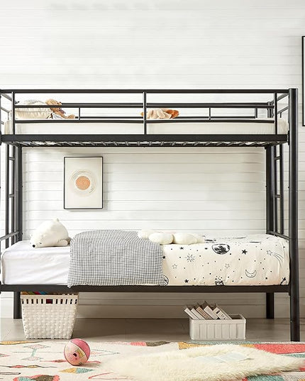 VECELO Metal Bunk Bed Twin Over Twin, Industrial Bunkbeds with Ladder and Full-Length Guardrail, Noise Free, No Boxing Spring Needed, Black - LeafyLoom