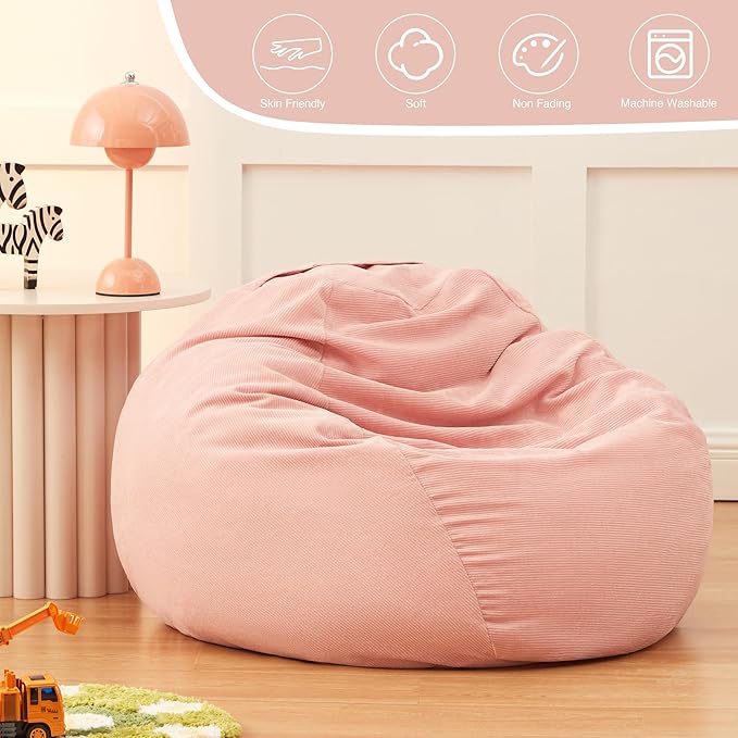 Stuffed Animal Storage Kids Bean Bag Chair Cover (No Filler) Washable Ultra Soft Corduroy Pink Bean Bag Cover for Organizing Plush Toys or Textile, Sack Bean Bag for Adults, Teens (XL) - LeafyLoom