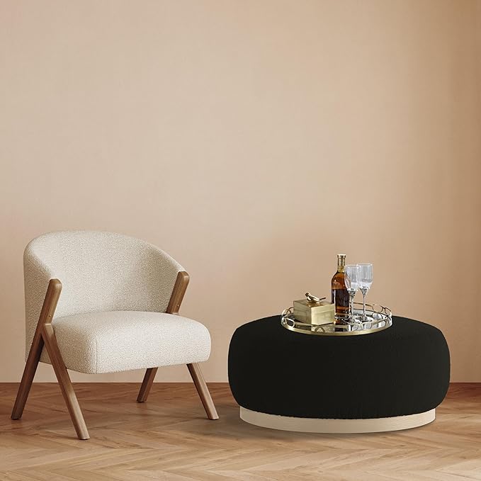 Round Ottoman Coffee Table, Modern Boucle Upholstered Center Table for Living Room Circle Accent Coffee Table for Bedroom Entryway Office - LeafyLoom