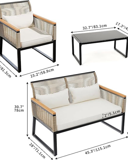YITAHOME Patio Furniture Wicker Outdoor Bistro Set, 4-Piece All Weather Rattan Conversation Loveseat for Backyard, Balcony and Deck with Wooden Armrest, Gray Cushions and Metal Coffee Table - LeafyLoom