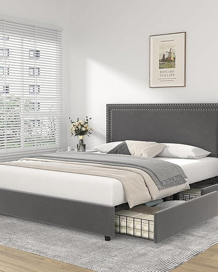 VECELO Queen Size Upholstered Platform Bed Frame with 4 Storage Drawers, Adjustable Velvet Rivets Headboard, Wooden Slats Support, No Box Spring Needed, Easy Assembly - LeafyLoom