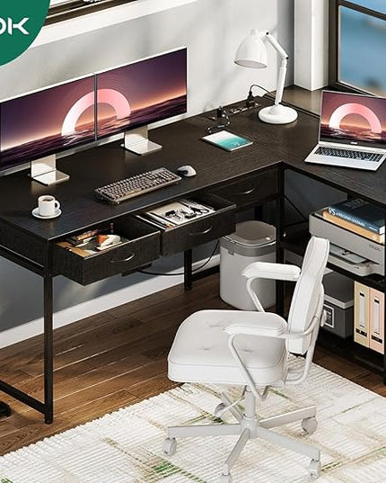 AODK 53 Inch L Shaped Computer Desk with Drawers, Corner Desk with Power Outlets & Reversible Storage Shelves, Movable CPU Stand for Home Office Gaming, Black - LeafyLoom