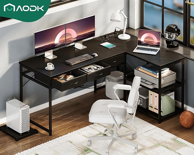 AODK 53 Inch L Shaped Computer Desk with Drawers, Corner Desk with Power Outlets & Reversible Storage Shelves, Movable CPU Stand for Home Office Gaming, Black - LeafyLoom