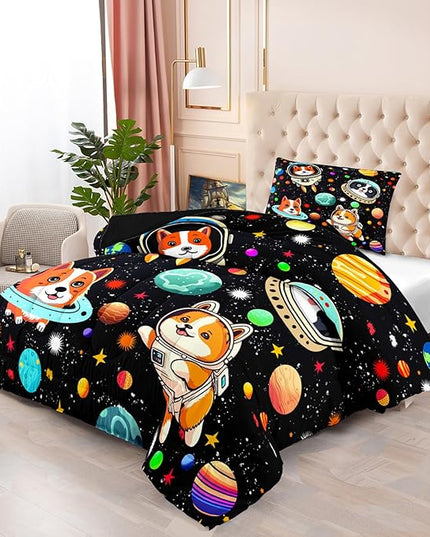 Space Dog Comforter Set - Cute Dog Twin Bedding Set for Kids Girls Boys Cartoon Dog Astronaut Prints Comforter Set Funny Outer Space Dog Bedding Sets for Kids Room Decor, 1 Comforter+1 Pillowcase - LeafyLoom