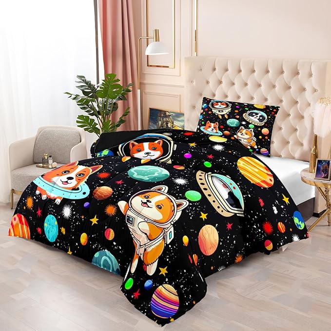 Space Dog Comforter Set - Cute Dog Twin Bedding Set for Kids Girls Boys Cartoon Dog Astronaut Prints Comforter Set Funny Outer Space Dog Bedding Sets for Kids Room Decor, 1 Comforter+1 Pillowcase - LeafyLoom
