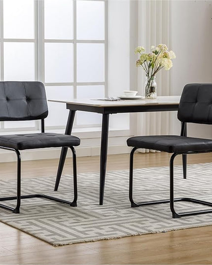 Forevich Mid Century Modern Dining Chairs Set of 4, Leather Kitchen Dining Room Side Chairs Upholstered Armless Accent Chairs with Metal Chrome Legs for Living Room, Bedroom Black - LeafyLoom