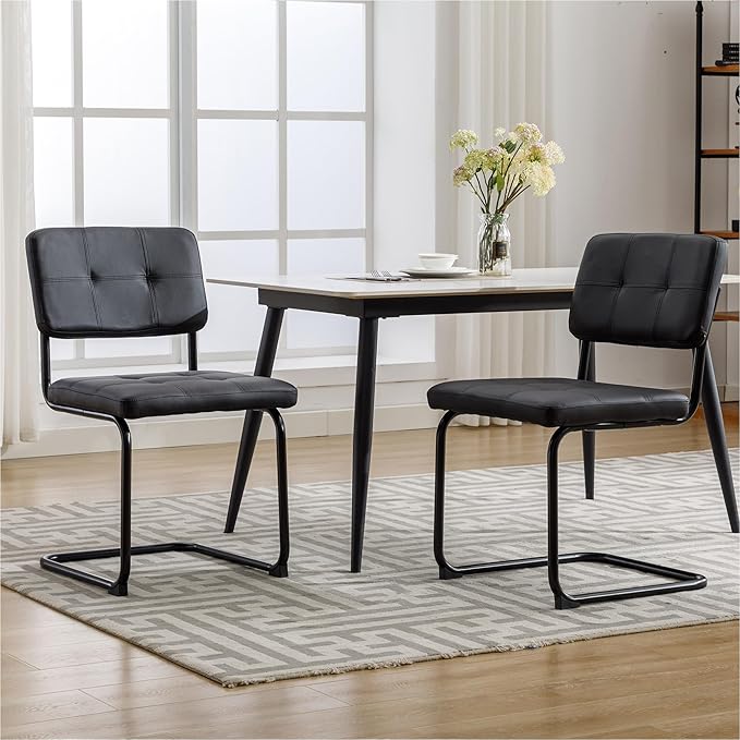Forevich Mid Century Modern Dining Chairs Set of 4, Leather Kitchen Dining Room Side Chairs Upholstered Armless Accent Chairs with Metal Chrome Legs for Living Room, Bedroom Black - LeafyLoom