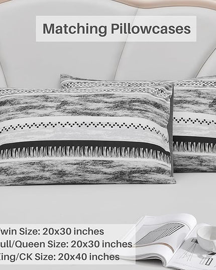 Striped Queen Size Comforter Set, Grey Black 3 PCS Microfiber Soft Lightweight Bedding Set - LeafyLoom