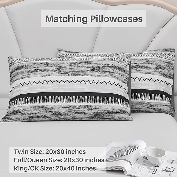 Striped Queen Size Comforter Set, Grey Black 3 PCS Microfiber Soft Lightweight Bedding Set - LeafyLoom