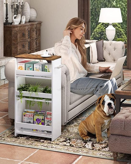 TEAMIX 4 Tier White Slim Storage Cart with Handle, 7.9''W Slide Out Storage Rolling Utility Cart Mobile Shelving Unit Organizer Trolley for Small Spaces Kitchen Laundry Narrow Places - LeafyLoom