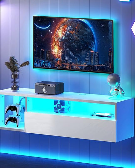 DlandHome Floating TV Stand with LED Light, 39.3’’ Wall-Mounted Media Console, Floating Shelf for Under TV Wall Mount with Storage Shelf for Bedroom Living Room, White - LeafyLoom