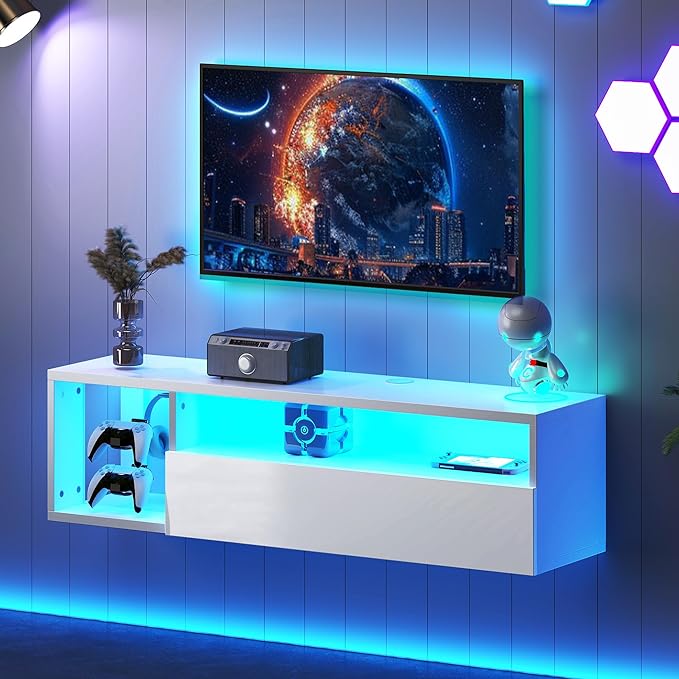 DlandHome Floating TV Stand with LED Light, 39.3’’ Wall-Mounted Media Console, Floating Shelf for Under TV Wall Mount with Storage Shelf for Bedroom Living Room, White - LeafyLoom