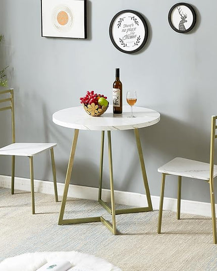 VECELO Small Round Dining Table Set for 2, Wood Marbled Tabletop with Steel Frame, Modern Dinette with Chairs for Kitchen Breakfast Nook Living Room, White and Gold - LeafyLoom