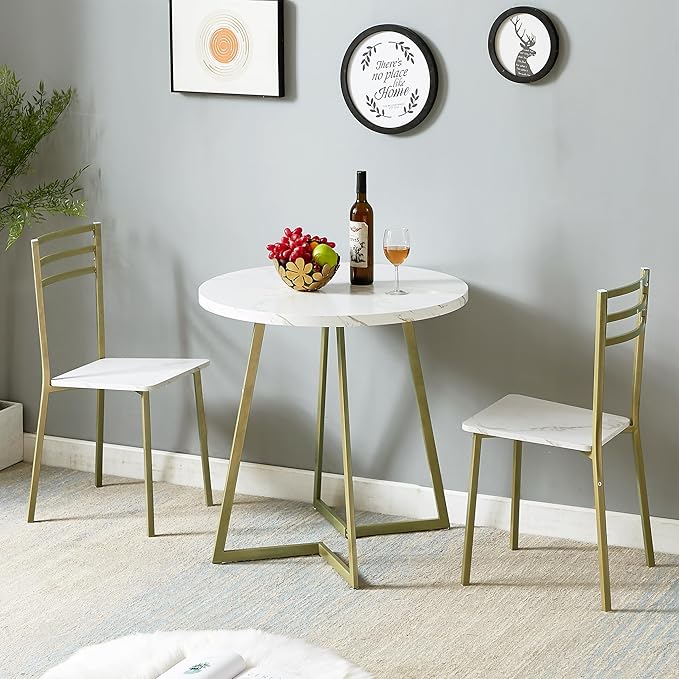 VECELO Small Round Dining Table Set for 2, Wood Marbled Tabletop with Steel Frame, Modern Dinette with Chairs for Kitchen Breakfast Nook Living Room, White and Gold - LeafyLoom