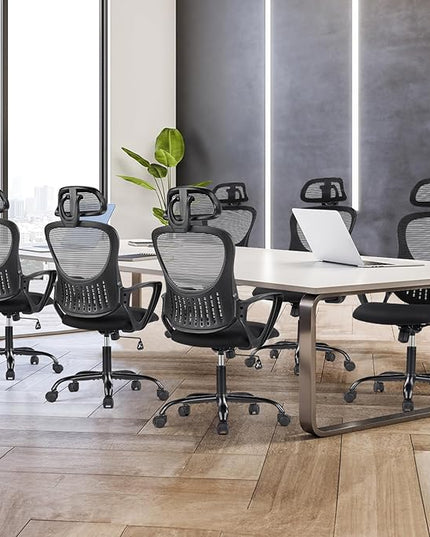 Sweetcrispy Office Computer Desk Chair, Ergonomic High-Back Mesh Rolling Work Chairs with Wheels and Adjustable Headrests, Comfortable Lumbar Support, Comfy Armrest for Home, Bedroom, Study,Black - LeafyLoom