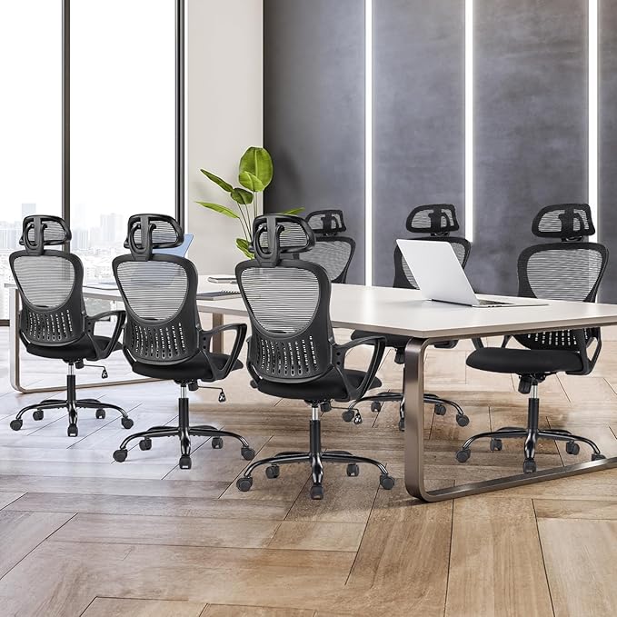 Sweetcrispy Office Computer Desk Chair, Ergonomic High-Back Mesh Rolling Work Chairs with Wheels and Adjustable Headrests, Comfortable Lumbar Support, Comfy Armrest for Home, Bedroom, Study,Black - LeafyLoom