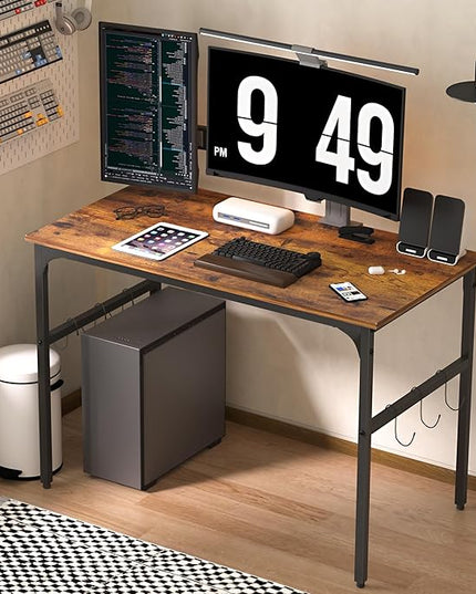 VECELO 44 Inch Computer Stable Writing Study Work 6 Hooks Adjustable Feet Wooden Desk for Home,Bedroom,Rusic Brown, 44Inches - LeafyLoom