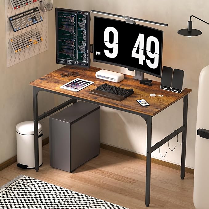 VECELO 44 Inch Computer Stable Writing Study Work 6 Hooks Adjustable Feet Wooden Desk for Home,Bedroom,Rusic Brown, 44Inches - LeafyLoom