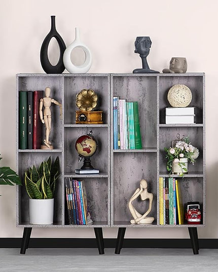 5 Cube Small Bookshelf,3 Tier Mid-Century Modern Bookcase with Legs,Wood Bookshelves Storage Organizer Shelf,Free Standing Narrow Book Shelves,Rustic Grey Corner Bookcases for Bedroom,Living Room - LeafyLoom