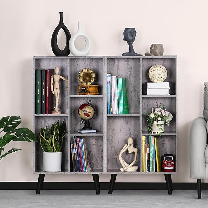5 Cube Small Bookshelf,3 Tier Mid-Century Modern Bookcase with Legs,Wood Bookshelves Storage Organizer Shelf,Free Standing Narrow Book Shelves,Rustic Grey Corner Bookcases for Bedroom,Living Room - LeafyLoom