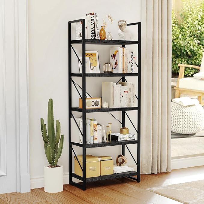 YITAHOME 5-Tier Bookshelf, Freestanding Black Book Shelf, Modern Minimalist Open Display Storage Book Shelves Standing Shelving Unit for Living Room Bedroom Home Office, Black - LeafyLoom
