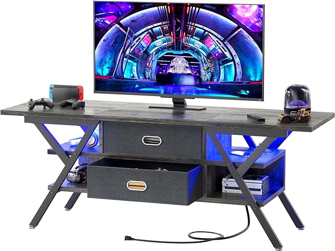 TV Stand for 55''/65'' TV - LED TV Stands with Power Outlets for Living Room, TV Entertainment Center with Storage, Modern Gaming TV Stand with Drawers for Bedroom, Entertainment Stand 55 Inch, Gray - LeafyLoom