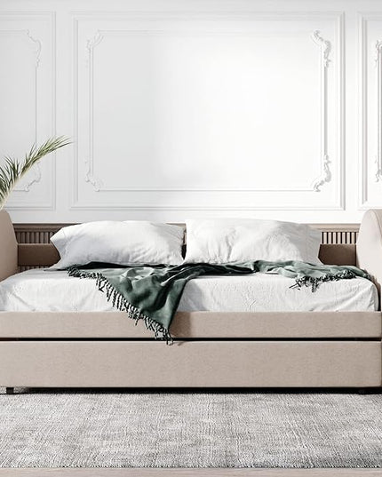 Full Size Upholstered Daybed with Twin Size Trundle, Wood Slat Support, Beige - LeafyLoom