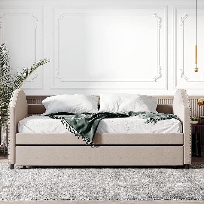 Full Size Upholstered Daybed with Twin Size Trundle, Wood Slat Support, Beige - LeafyLoom
