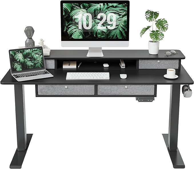 FEZIBO Sturdy Height Adjustable Electric Standing Desk with Drawers, 55 x 24 Inch Stand Up Table with Large Storage Shelf, Sit Stand Desk, Black Top - LeafyLoom