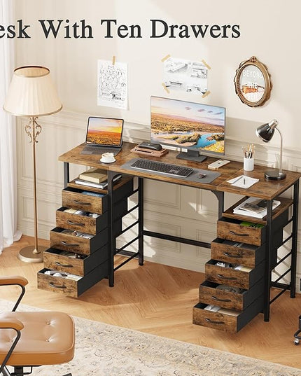 Desk with 10 Fabric Drawers Classified Organizer - 55"/140 Office Desks with Ample Storage, Computer Work Desk Study Writing Table Workstation for Home Office Space Brown - LeafyLoom