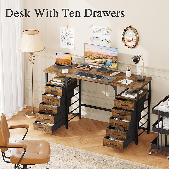 Desk with 10 Fabric Drawers Classified Organizer - 55"/140 Office Desks with Ample Storage, Computer Work Desk Study Writing Table Workstation for Home Office Space Brown - LeafyLoom