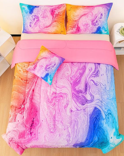 4 Pcs Tie Dye Full Comforter Set for Girls, Watercolor Marble Abstract Art Superior Kids Bedding Sets Full Size, Pink Purple Blue Colorful Teenage Girls Comforter Sets - LeafyLoom