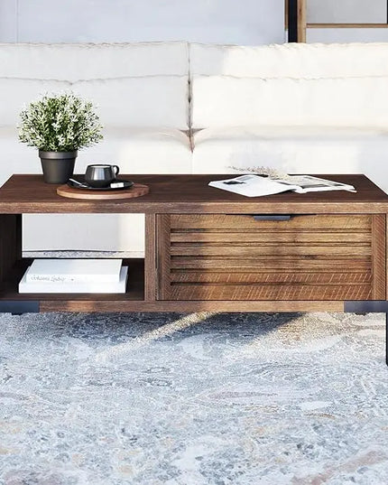 Bme Millie Solid Wood Coffee Tables, Industrial Modern Living Room Center Desk with 2 Storage Drawers & Fully Assembled, Rustic Chestnut - LeafyLoom