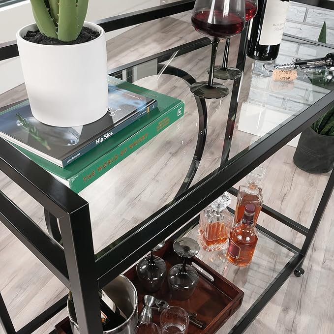 Sauder International Lux Bar Cart, Black Finish - LeafyLoom