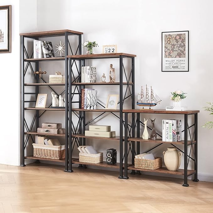 HOMBAZAAR Bookshelf, 3-Tier Industrial Bookshelf, Etagere Bookcases and Bookshelves, Small Bookshelf Storage Organizer, Freestanding Bookshelf for Living Room, Bedroom and Home Office, Brown - LeafyLoom